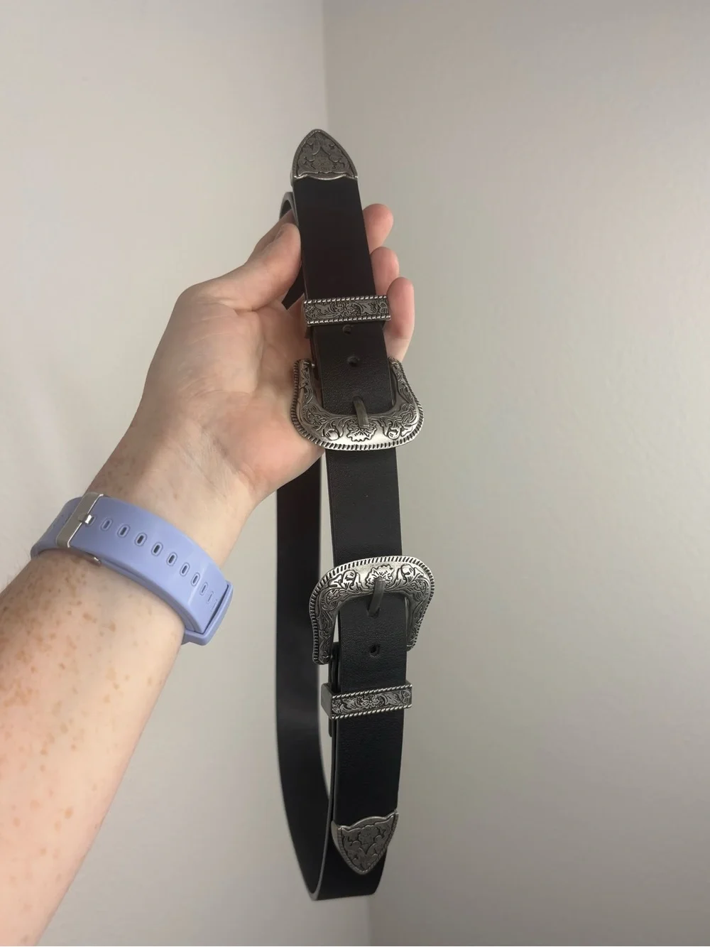 Double Buckle Engraved Western Style Belt - Black & Silver